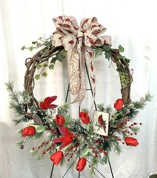 Cardinal Christmas Wreath-Artificial from local Myrtle Beach florist, Bright & Beautiful Flowers