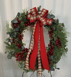 Traditional Holiday Welcome Wreath-Artificial from local Myrtle Beach florist, Bright & Beautiful Flowers