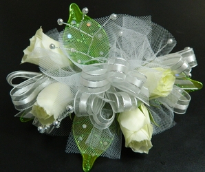 Sweetheart Rose Corsage with silver and green accents from local Myrtle Beach florist, Bright & Beautiful Flowers