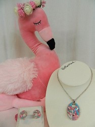 Flamingo Necklace and Earrings from local Myrtle Beach florist, Bright & Beautiful Flowers