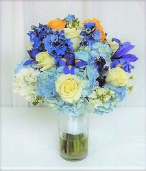 Blue and white Hydrangeas, yellow and white Roses, Iris from local Myrtle Beach florist, Bright & Beautiful Flowers