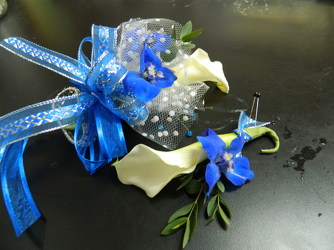 White Calla, blue Delphinium from local Myrtle Beach florist, Bright & Beautiful Flowers
