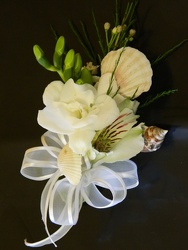 Shells and Flowers Corsage from local Myrtle Beach florist, Bright & Beautiful Flowers