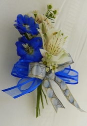 Delphinium and Alstromeria Corsage w/Shell Trim from local Myrtle Beach florist, Bright & Beautiful Flowers